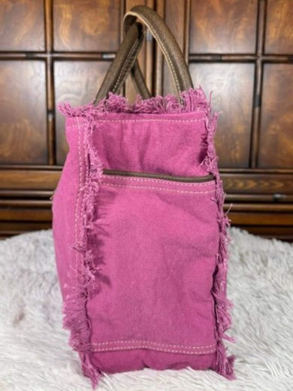Myra SEL De MER Paris 100% Cotton Canvas Genuine Leather Handle Fringe Trim Bag - Picture 3 of 11